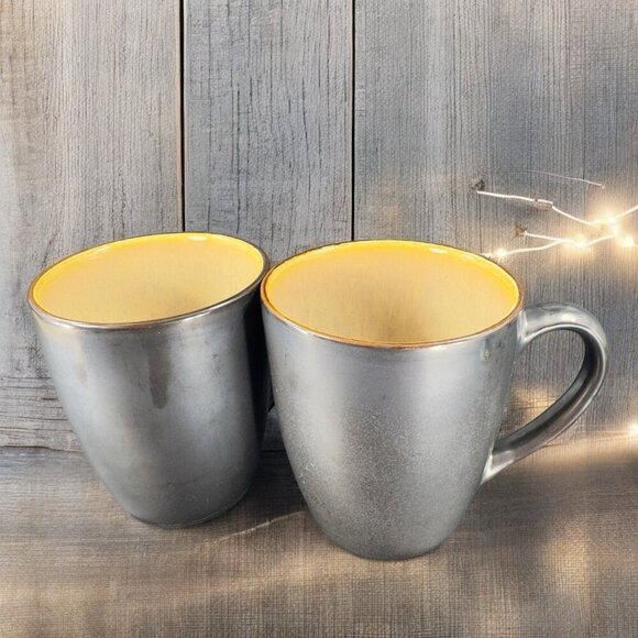 MIKASA Gourmet Basics Linden Stoneware Coffee Mug Cup Black Embossed Brown Set 2 - Picture 1 of 10